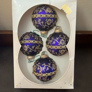Vtg Christmas Purple Ornaments w/Gold Glitter Design - Set of 4